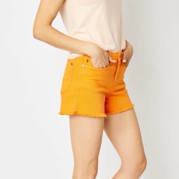 Judy Blue Bright Orange Frayed Hem Jean Shorts - Picture 2 of 4